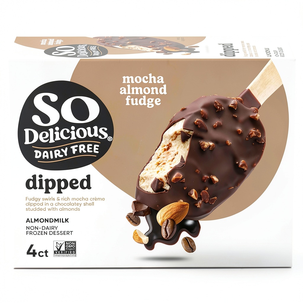 So Delicious Mocha Almond Fudge Bars Dairy Free package opened on a kitchen counter