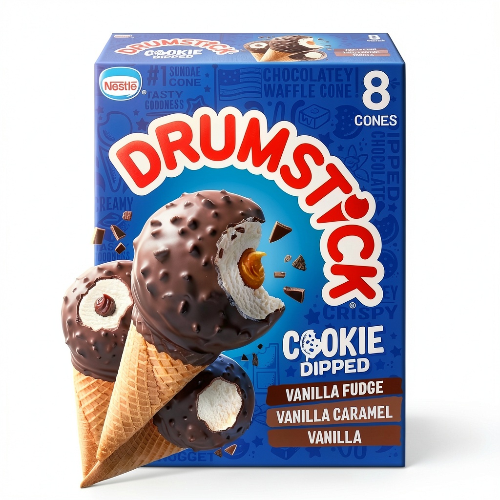 Drumstick frozen dessert topping drizzled over vanilla ice cream