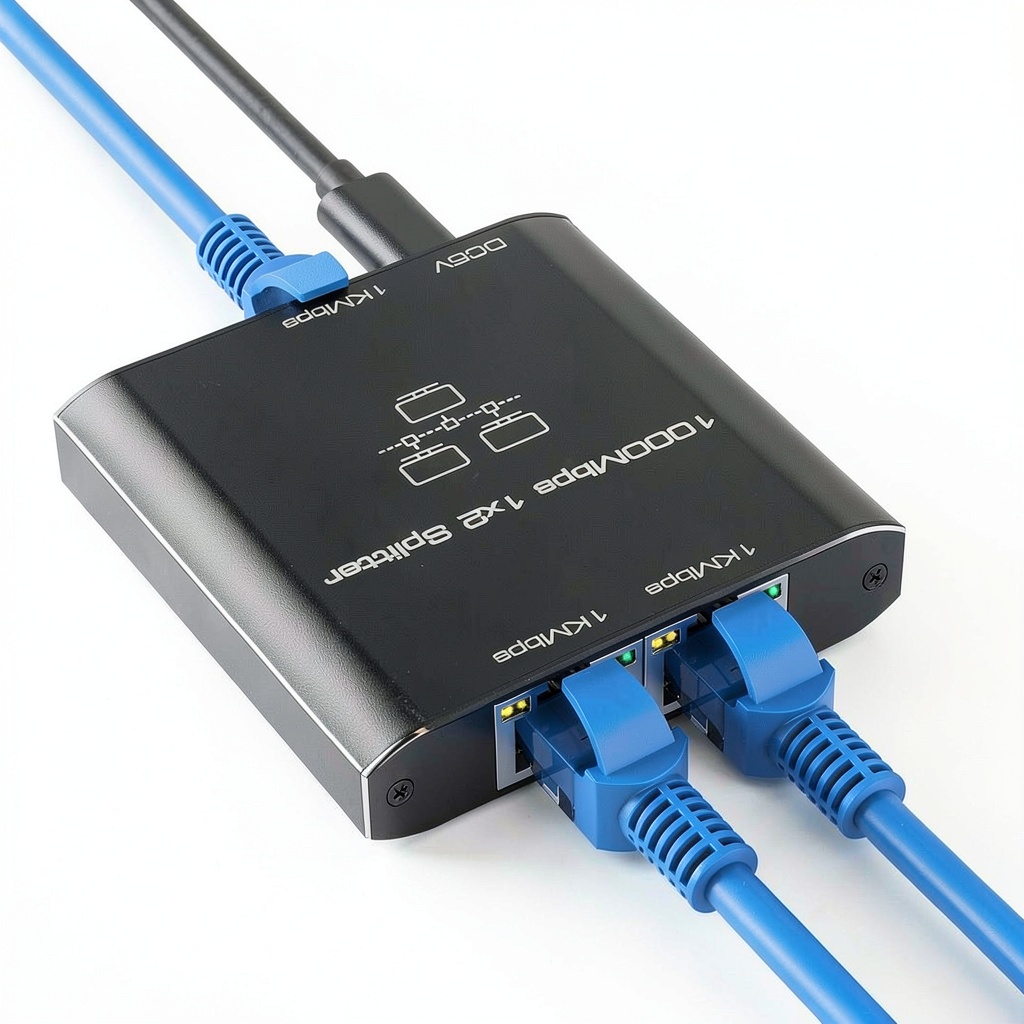 HRSDEIE Ethernet Splitter installed behind a desktop monitor