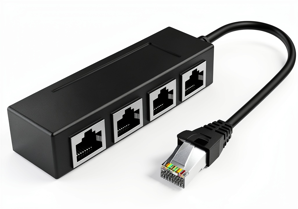 RJ45 Ethernet Splitter installed on a desk with multiple laptops
