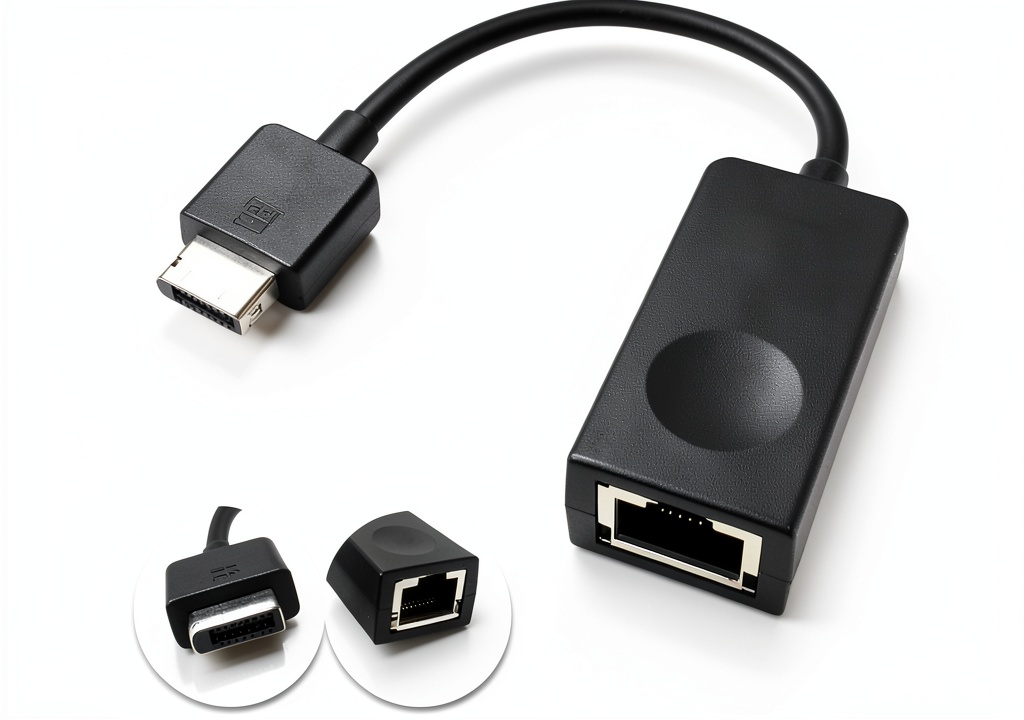 Adapter plugged into a Lenovo ThinkPad in a modern office