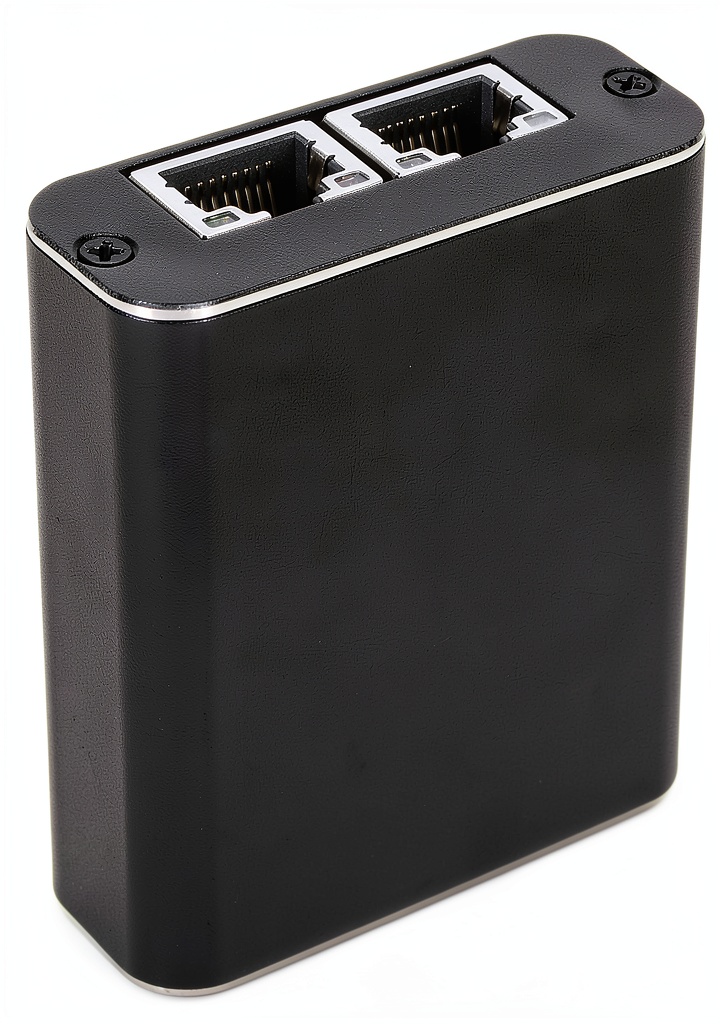 Yoidesu Ethernet Splitter installed behind a desk with two laptops connected